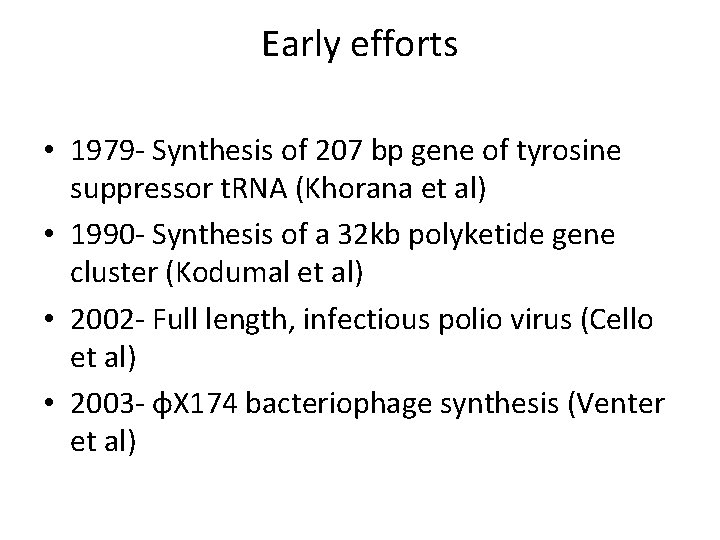 Early efforts • 1979 - Synthesis of 207 bp gene of tyrosine suppressor t.