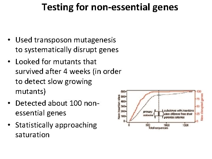 Testing for non-essential genes • Used transposon mutagenesis to systematically disrupt genes • Looked