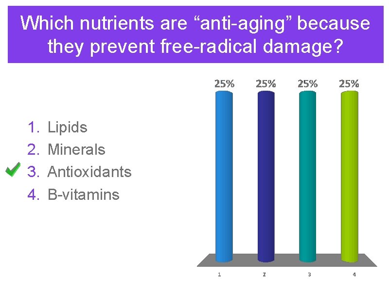 Which nutrients are “anti-aging” because they prevent free-radical damage? 1. 2. 3. 4. Lipids