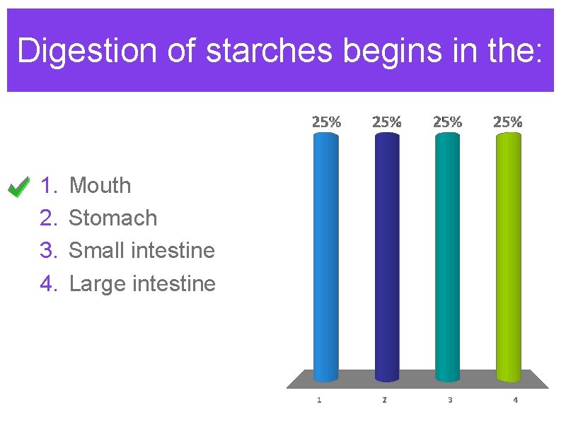 Digestion of starches begins in the: 1. 2. 3. 4. Mouth Stomach Small intestine