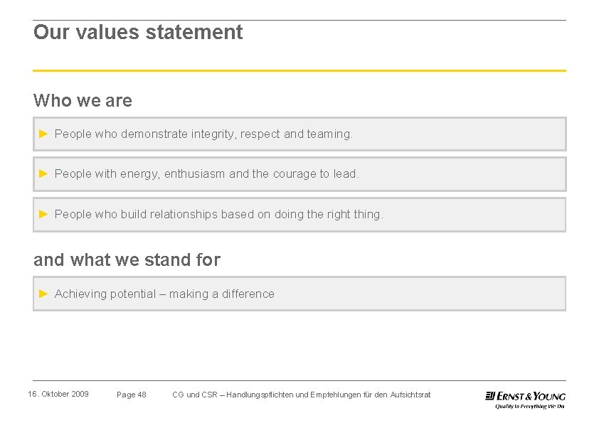 Our values statement Who we are ► People who demonstrate integrity, respect and teaming.