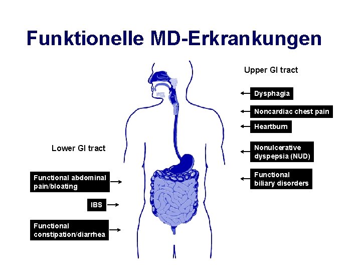 Funktionelle MD-Erkrankungen Upper GI tract Dysphagia Noncardiac chest pain Heartburn Lower GI tract Nonulcerative