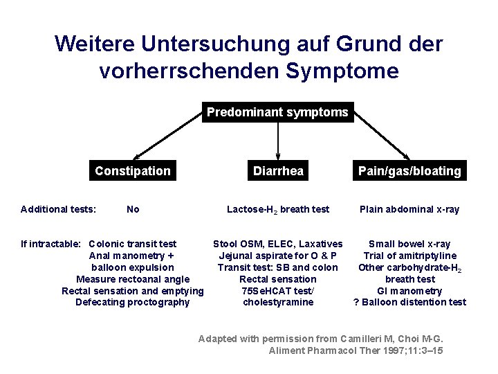 Weitere Untersuchung auf Grund der vorherrschenden Symptome Predominant symptoms Constipation Additional tests: No Diarrhea