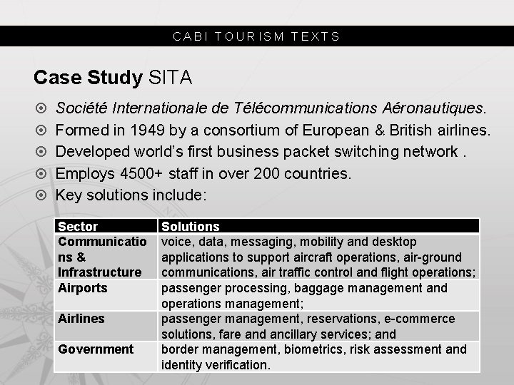 CABI TOURISM TEXTS Case Study SITA Société Internationale de Télécommunications Aéronautiques. Formed in 1949