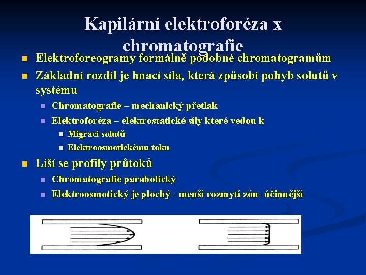 n n Kapilární elektroforéza x chromatografie Elektroforeogramy formálně podobné chromatogramům Základní rozdíl je hnací