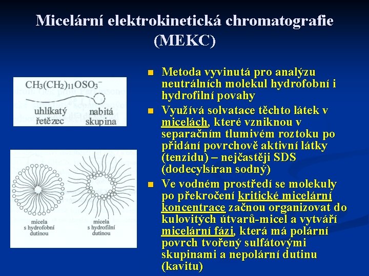 Micelární elektrokinetická chromatografie (MEKC) n n n Metoda vyvinutá pro analýzu neutrálních molekul hydrofobní