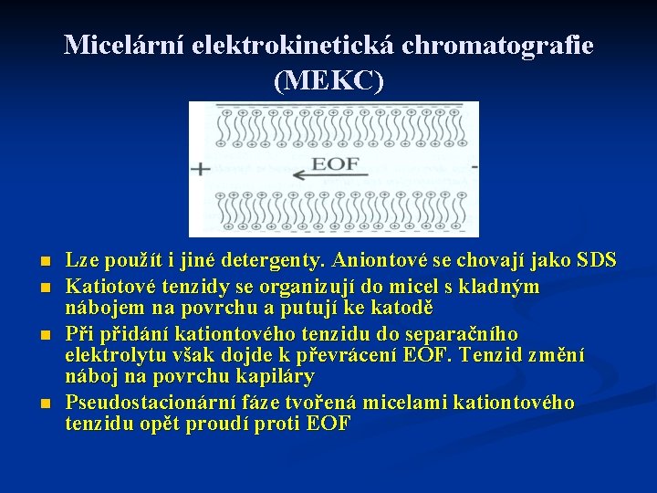 Micelární elektrokinetická chromatografie (MEKC) n n Lze použít i jiné detergenty. Aniontové se chovají