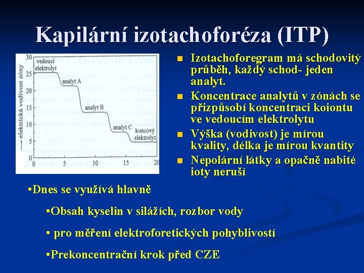 Kapilární izotachoforéza (ITP) n n Izotachoforegram má schodovitý průběh, každý schod- jeden analyt. Koncentrace