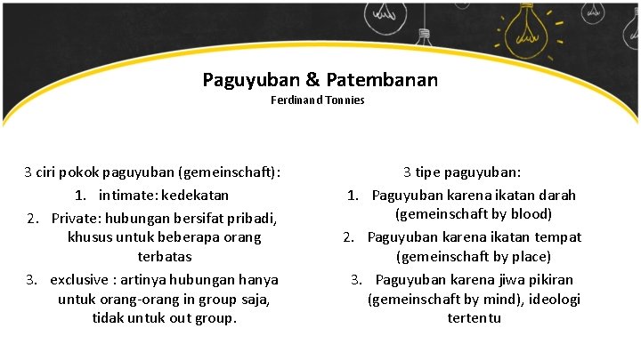 Paguyuban & Patembanan Ferdinand Tonnies 3 ciri pokok paguyuban (gemeinschaft): 1. intimate: kedekatan 2.