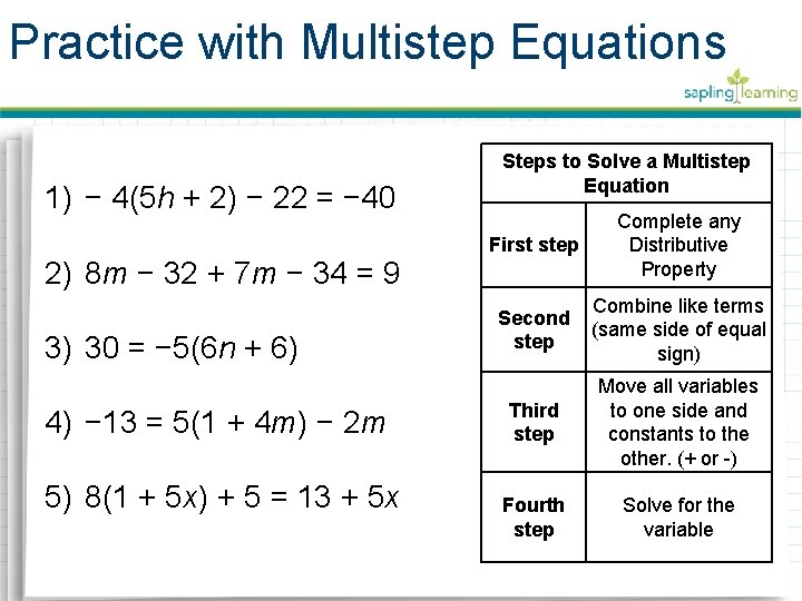 Practice with Multistep Equations 1) − 4(5 h + 2) − 22 = −