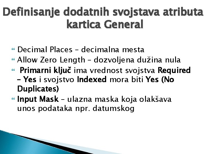 Definisanje dodatnih svojstava atributa kartica General Decimal Places – decimalna mesta Allow Zero Length