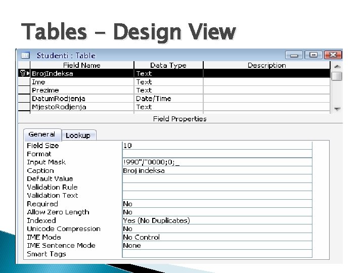 Tables - Design View 
