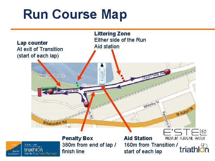 Run Course Map Lap counter At exit of Transition (start of each lap) Littering