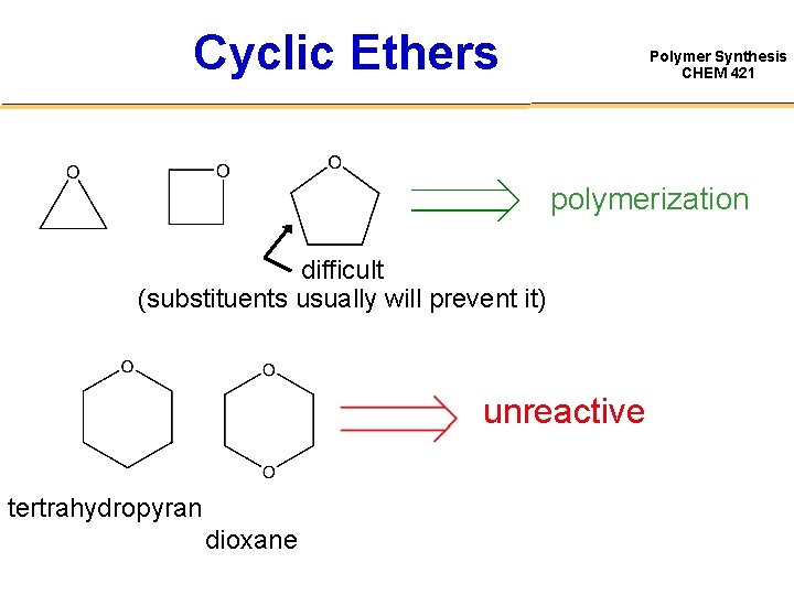 Cyclic Ethers Polymer Synthesis CHEM 421 polymerization difficult (substituents usually will prevent it) unreactive