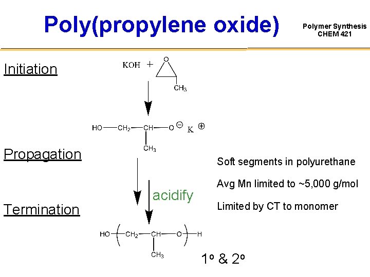 Poly(propylene oxide) Polymer Synthesis CHEM 421 Initiation Propagation Termination Soft segments in polyurethane acidify