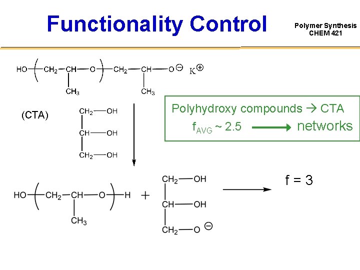 Functionality Control (CTA) Polymer Synthesis CHEM 421 Polyhydroxy compounds CTA f. AVG ~ 2.