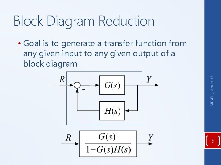 Block Diagram Reduction ME 431, Lecture 15 • Goal is to generate a transfer Block Diagram Reduction ME 431, Lecture 15 • Goal is to generate a transfer
