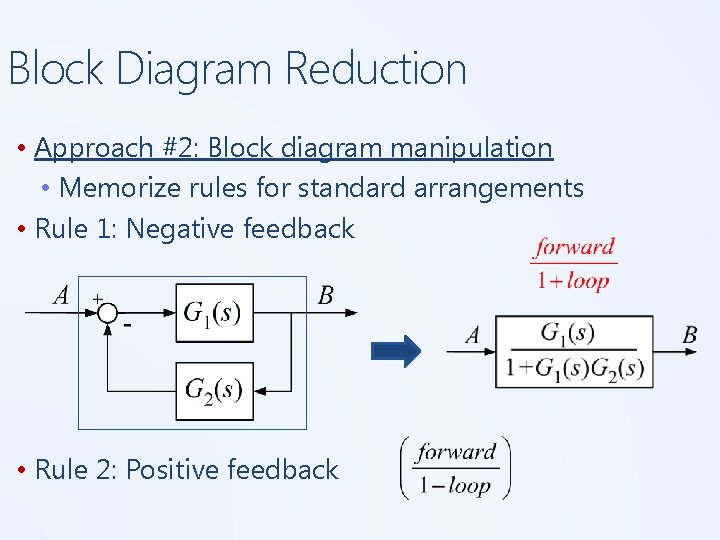 Block Diagram Reduction • Approach #2: Block diagram manipulation • Memorize rules for standard Block Diagram Reduction • Approach #2: Block diagram manipulation • Memorize rules for standard