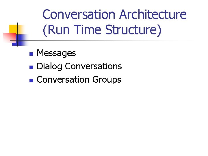 Conversation Architecture (Run Time Structure) n n n Messages Dialog Conversations Conversation Groups 