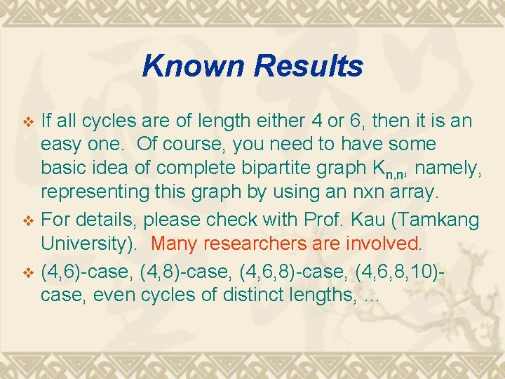 Known Results If all cycles are of length either 4 or 6, then it
