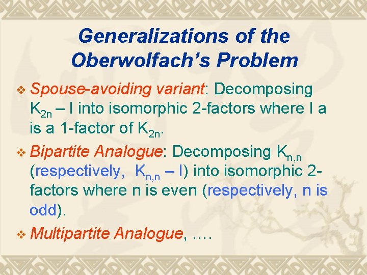 Generalizations of the Oberwolfach’s Problem v Spouse-avoiding variant: Decomposing K 2 n – I