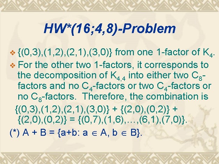 HW*(16; 4, 8)-Problem v {(0, 3), (1, 2), (2, 1), (3, 0)} from one