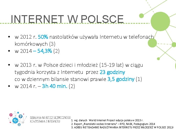 INTERNET W POLSCE • w 2012 r. 50% nastolatków używała Internetu w telefonach komórkowych