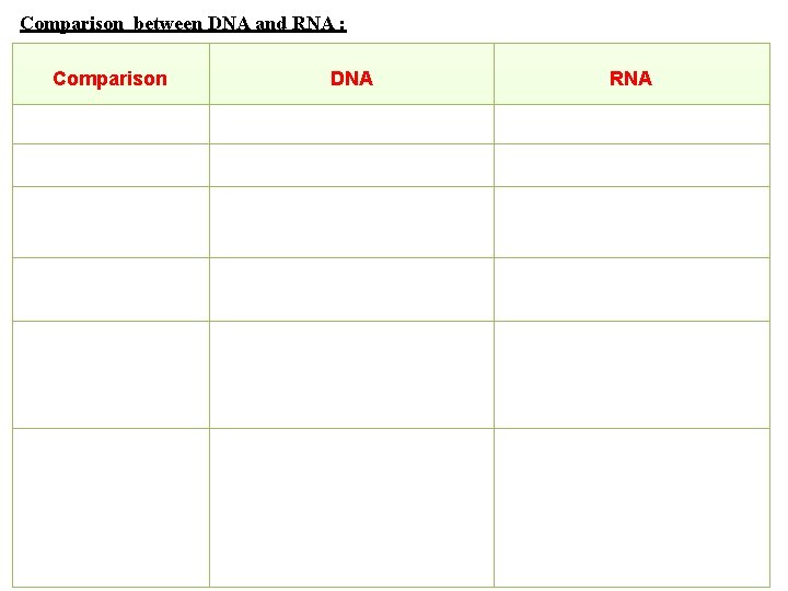 Comparison between DNA and RNA : Comparison DNA RNA Found in Nucleus and cytoplasm