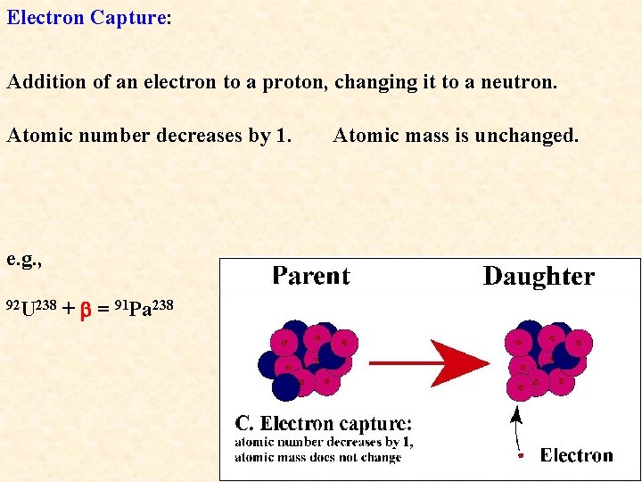 Electron Capture: Addition of an electron to a proton, changing it to a neutron.