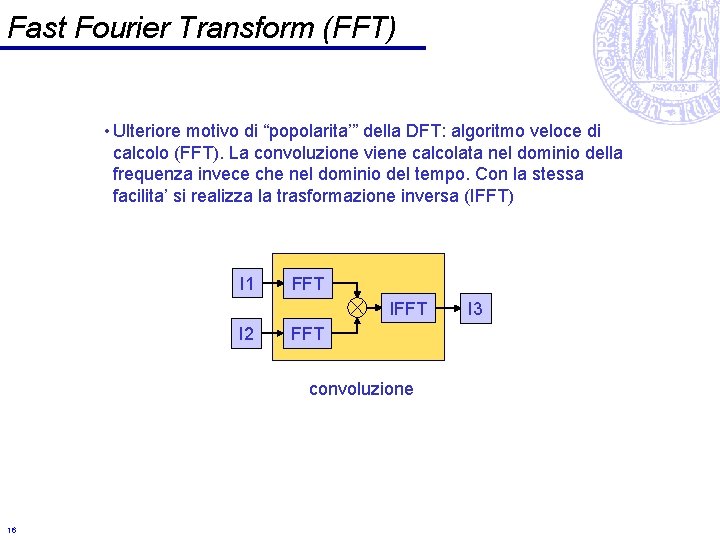 Fast Fourier Transform (FFT) • Ulteriore motivo di “popolarita’” della DFT: algoritmo veloce di