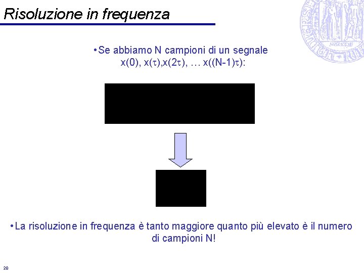 Risoluzione in frequenza • Se abbiamo N campioni di un segnale x(0), x(t), x(2