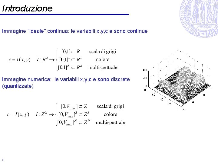 Introduzione Immagine “ideale” continua: le variabili x, y, c e sono continue Immagine numerica: