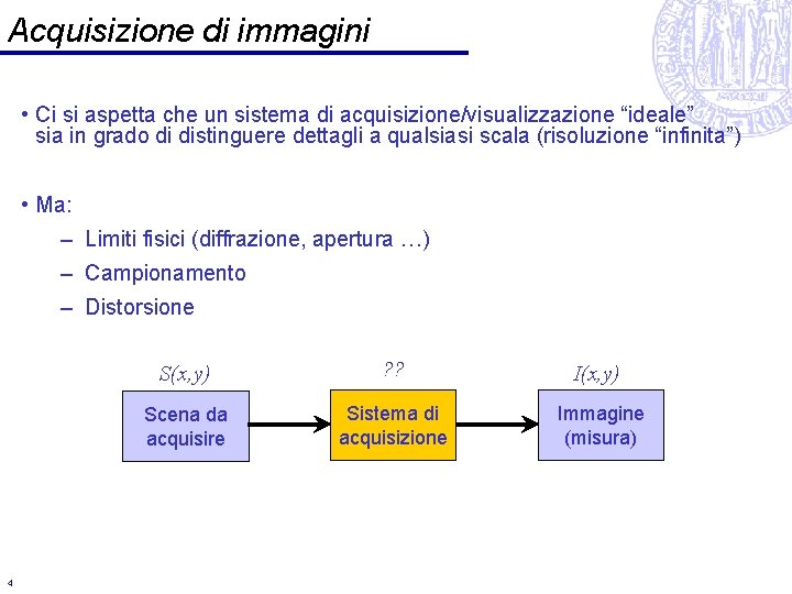 Acquisizione di immagini • Ci si aspetta che un sistema di acquisizione/visualizzazione “ideale” sia