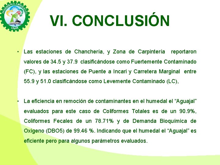 VI. CONCLUSIÓN • Las estaciones de Chanchería, y Zona de Carpintería reportaron valores de