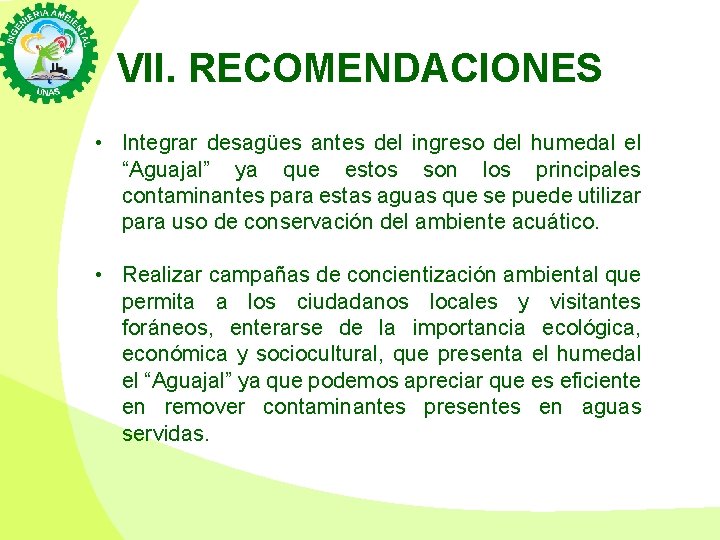 VII. RECOMENDACIONES • Integrar desagües antes del ingreso del humedal el “Aguajal” ya que