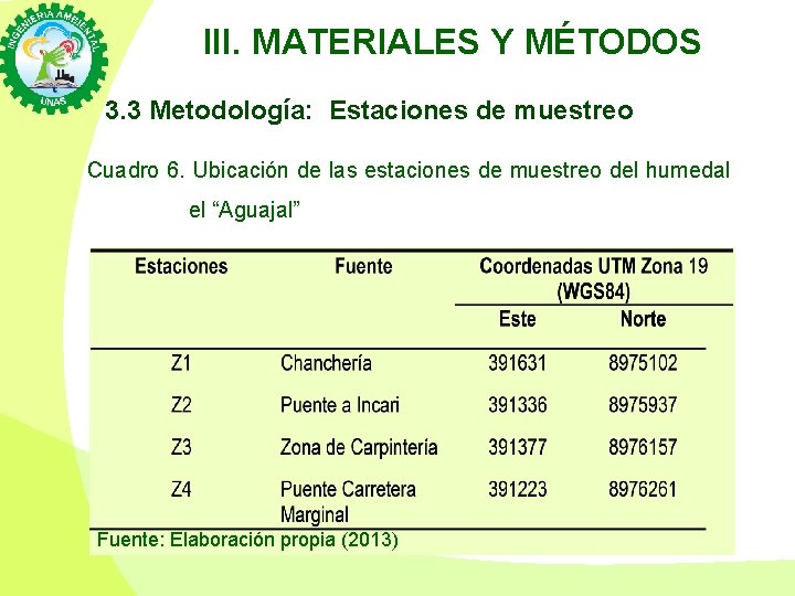 III. MATERIALES Y MÉTODOS 3. 3 Metodología: Estaciones de muestreo Cuadro 6. Ubicación de