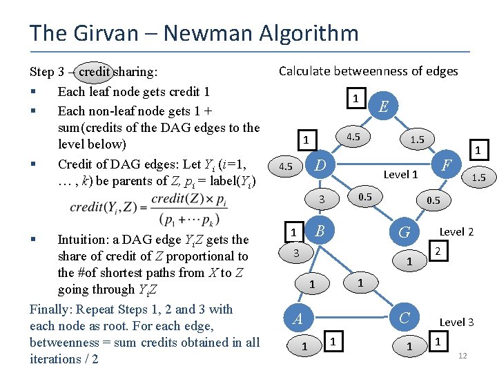 The Girvan – Newman Algorithm Step 3 – credit sharing: § Each leaf node