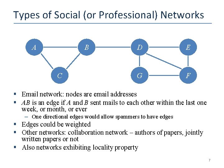 Types of Social (or Professional) Networks A B C D E G F §