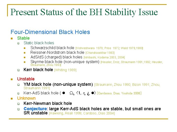 Present Status of the BH Stability Issue Four-Dimensional Black Holes n Stable q Static