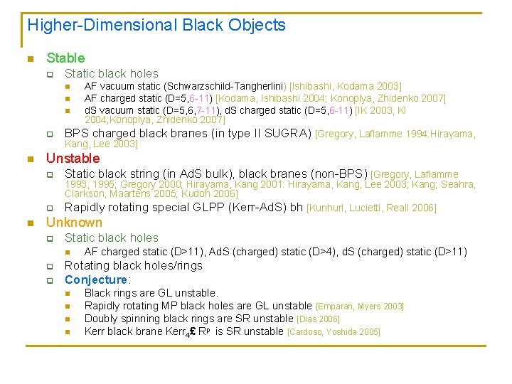 Higher-Dimensional Black Objects n Stable q Static black holes AF vacuum static (Schwarzschild-Tangherlini) [Ishibashi,