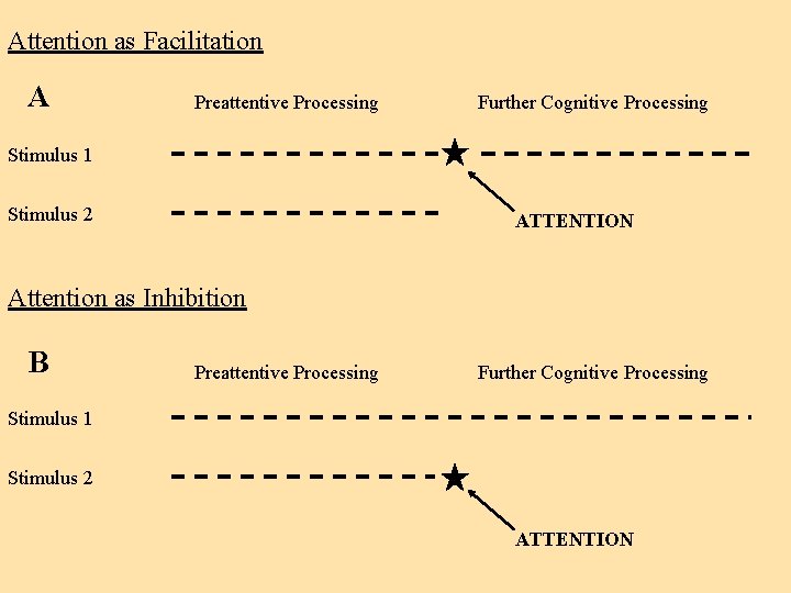 Attention as Facilitation A Preattentive Processing Further Cognitive Processing Stimulus 1 Stimulus 2 ATTENTION