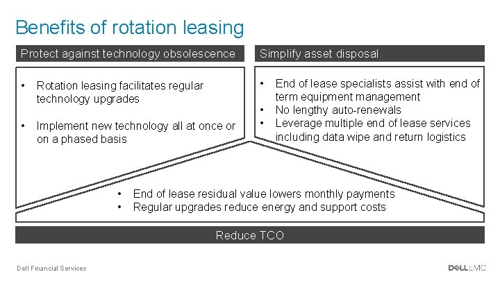 Benefits of rotation leasing Protect against technology obsolescence Simplify asset disposal • • •
