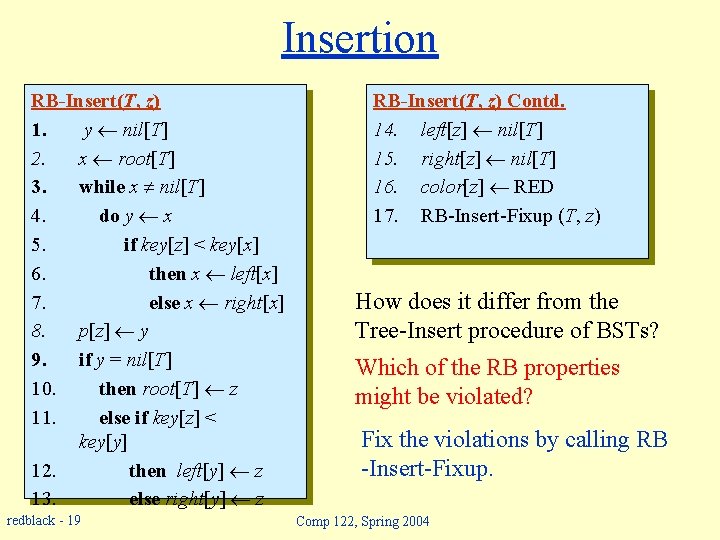 Insertion RB-Insert(T, z) 1. y nil[T] 2. x root[T] 3. while x nil[T] 4.