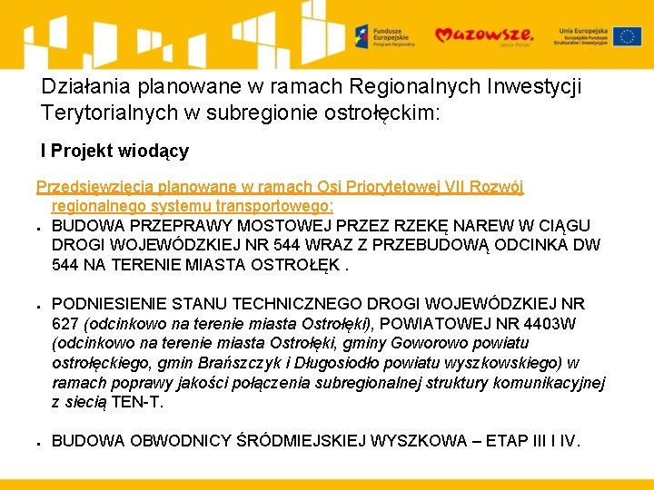 Działania planowane w ramach Regionalnych Inwestycji Terytorialnych w subregionie ostrołęckim: I Projekt wiodący Przedsięwzięcia