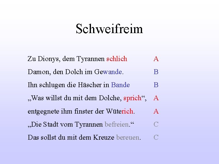 Schweifreim Zu Dionys, dem Tyrannen schlich A Damon, den Dolch im Gewande. B Ihn