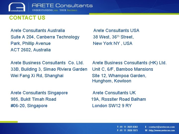 CONTACT US Arete Consultants Australia Arete Consultants USA Suite A 204, Canberra Technology 38