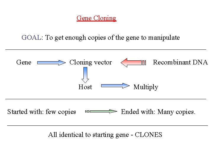 Gene Cloning GOAL: To get enough copies of the gene to manipulate Gene Cloning