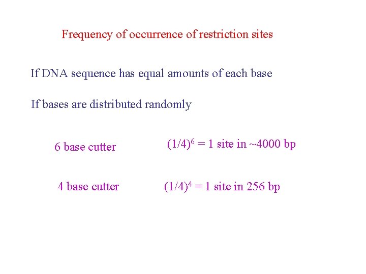 Frequency of occurrence of restriction sites If DNA sequence has equal amounts of each