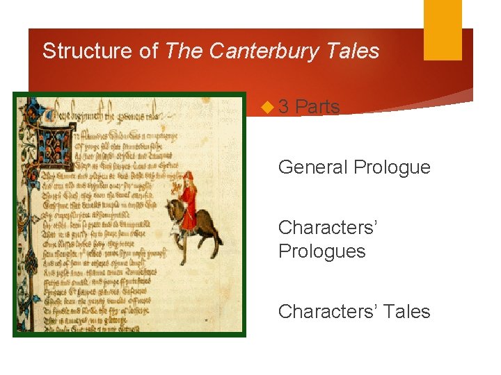 Structure of The Canterbury Tales 3 Parts General Prologue Characters’ Prologues Characters’ Tales 