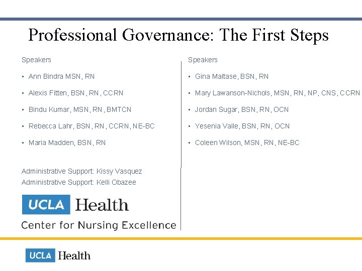  Professional Governance: The First Steps Speakers • Ann Bindra MSN, RN • Gina